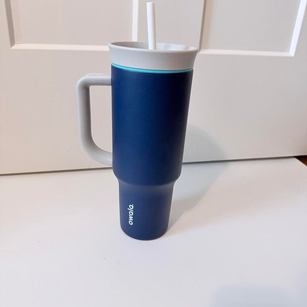 Owala free sip tumbler 40 oz dark navy blue gray straw handle water bottle